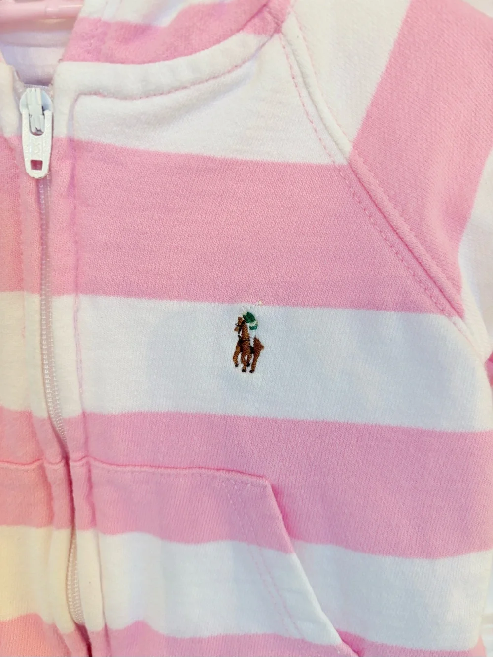 Ralph Lauren Pink and White Striped Hooded Zip Sweatshirt